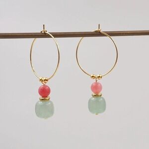 Gold Tone Jade Agate Hoop Earrings Green Pink Gemstone Dangle Handmade Jewelry